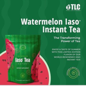 May include: A green packet of Watermelon Iaso Instant Tea with watermelon slice graphics. The text on the packet reads "Watermelon Iaso Tea Instant Dietary Supplement". The background is green with the text "The Transforming Power of Tea".