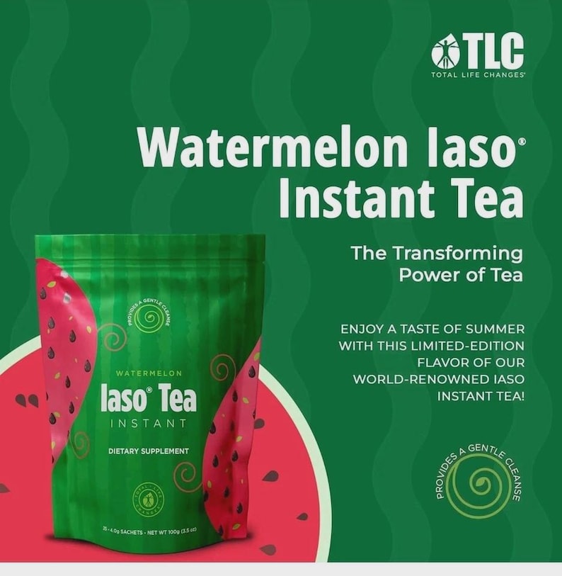 May include: A green packet of Watermelon Iaso Instant Tea with watermelon slice graphics. The text on the packet reads "Watermelon Iaso Tea Instant Dietary Supplement". The background is green with the text "The Transforming Power of Tea".