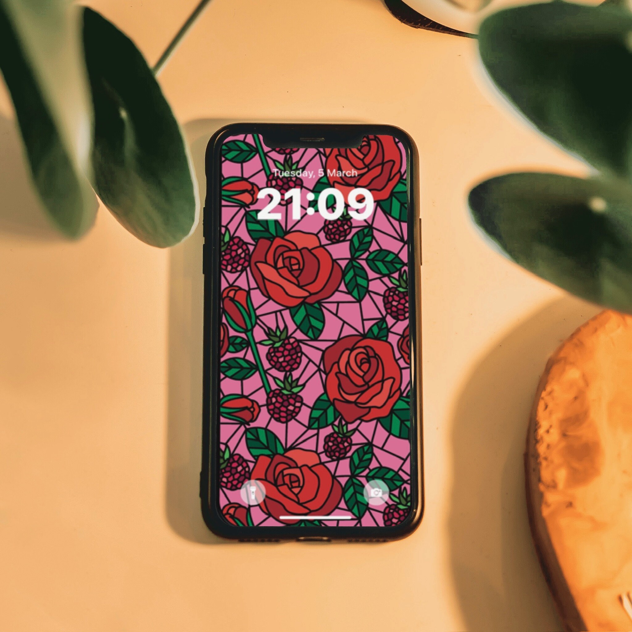 Stained Glass Roses iPhone Wallpaper: Pink Floral Lock Screen (digital ...