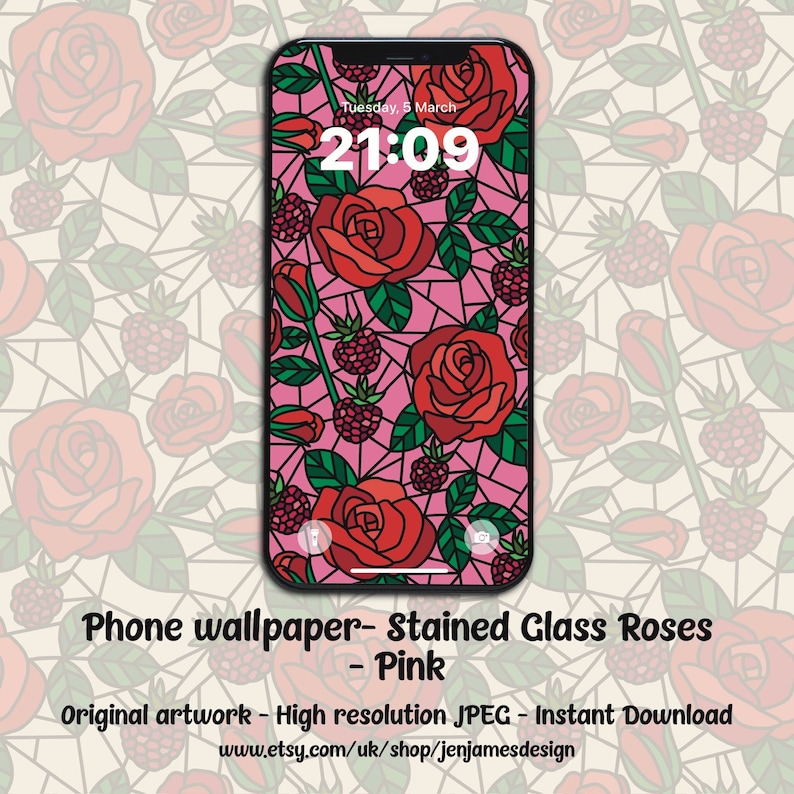 Stained Glass Roses iPhone Wallpaper: Pink Floral Lock Screen (digital ...