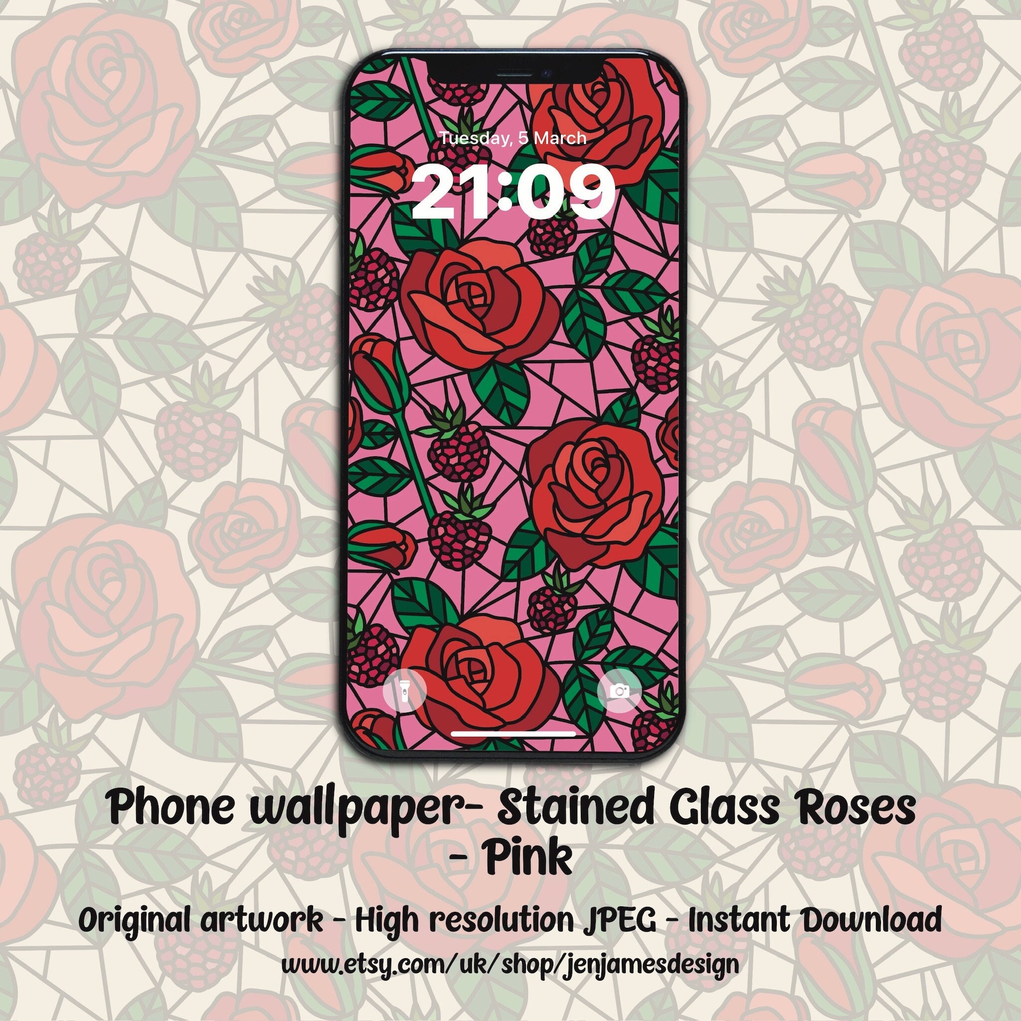 Stained Glass Roses iPhone Wallpaper: Pink Floral Lock Screen (digital ...