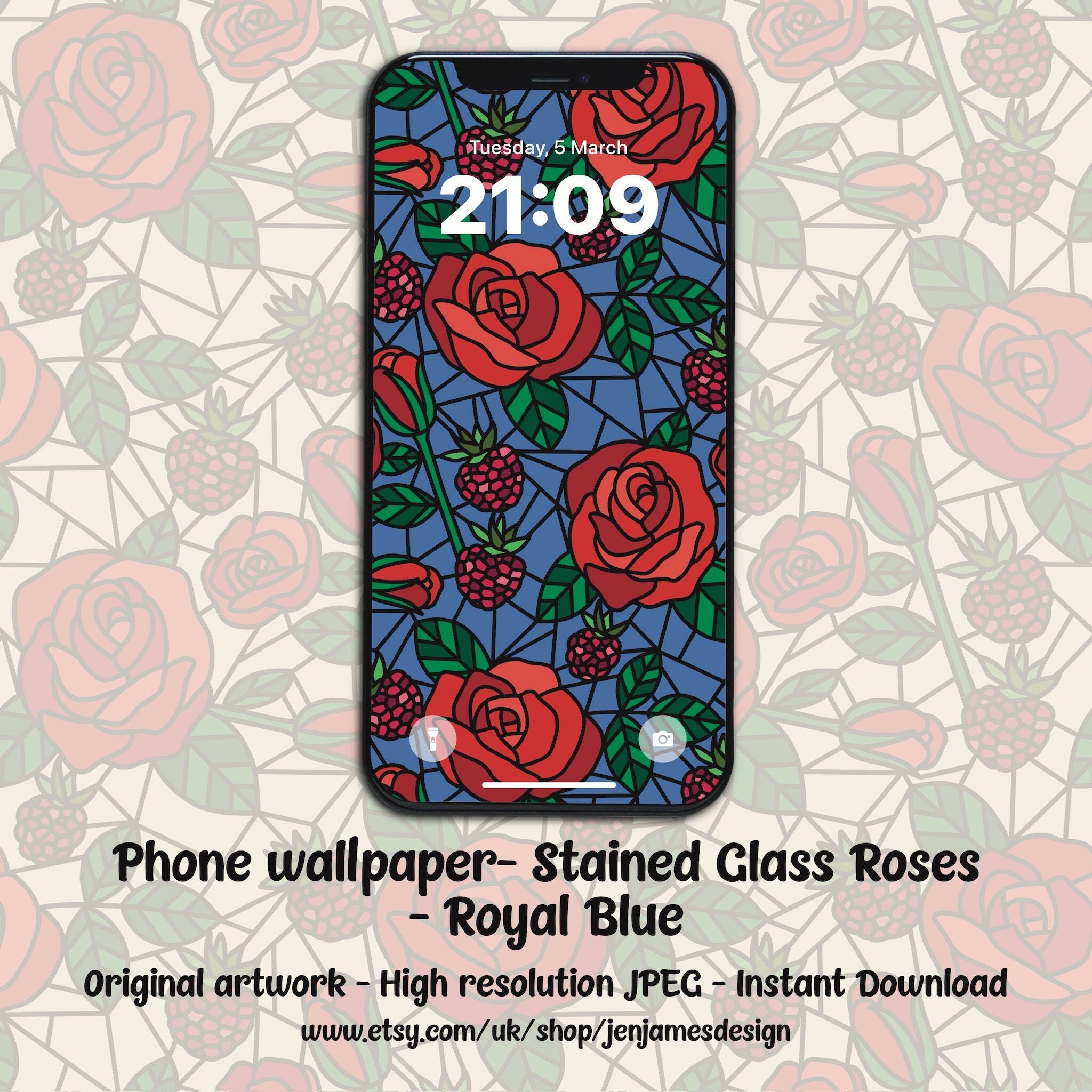Vidrieras Rosas iPhone Wallpaper- Azul Real / Rosa / Floral / Pantalla de Bloqueo / Salvapantallas / Descargar / Impresión Floral / Descarga Instantánea