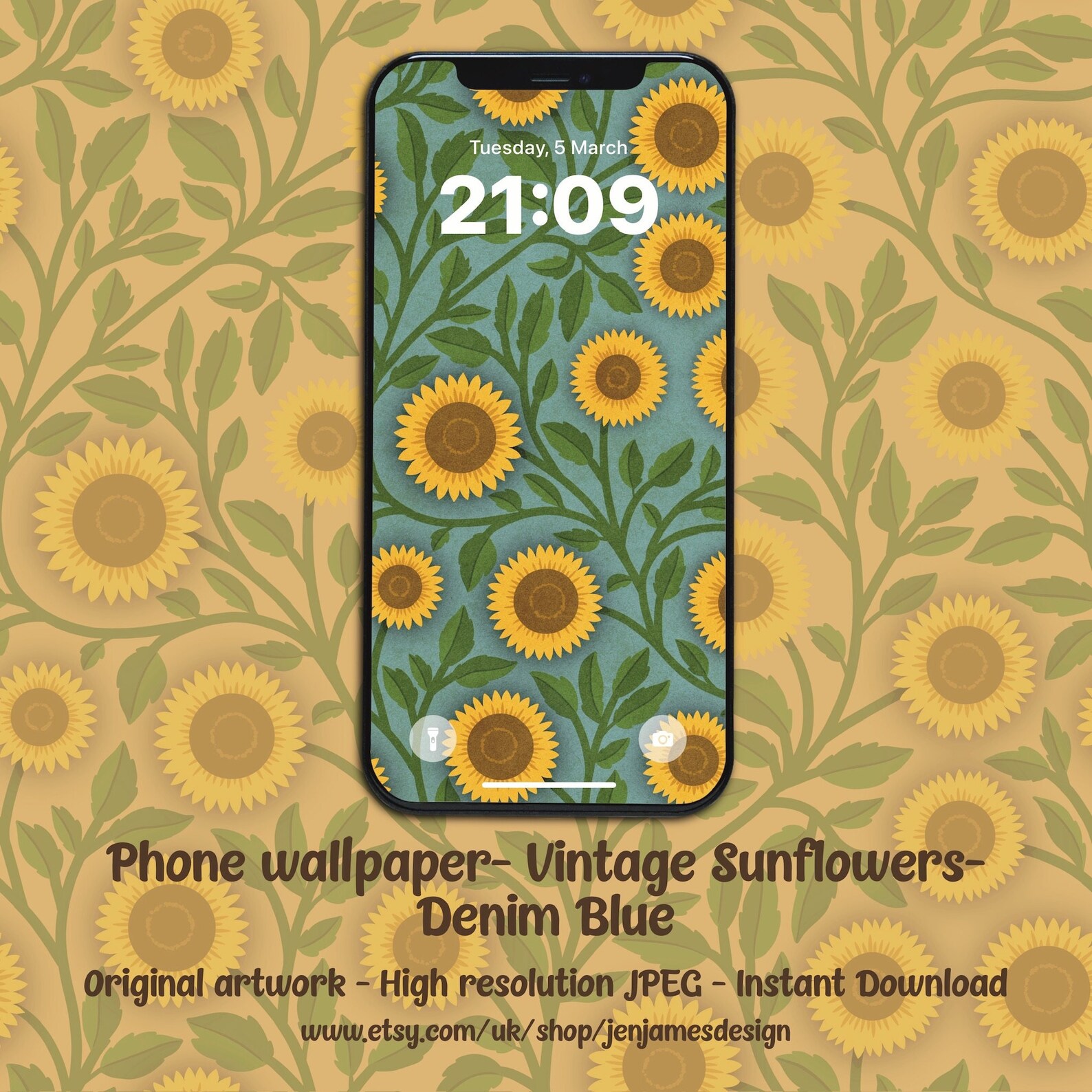 Vintage Sunflower iPhone Wallpaper: Denim Blue Floral (instant Download