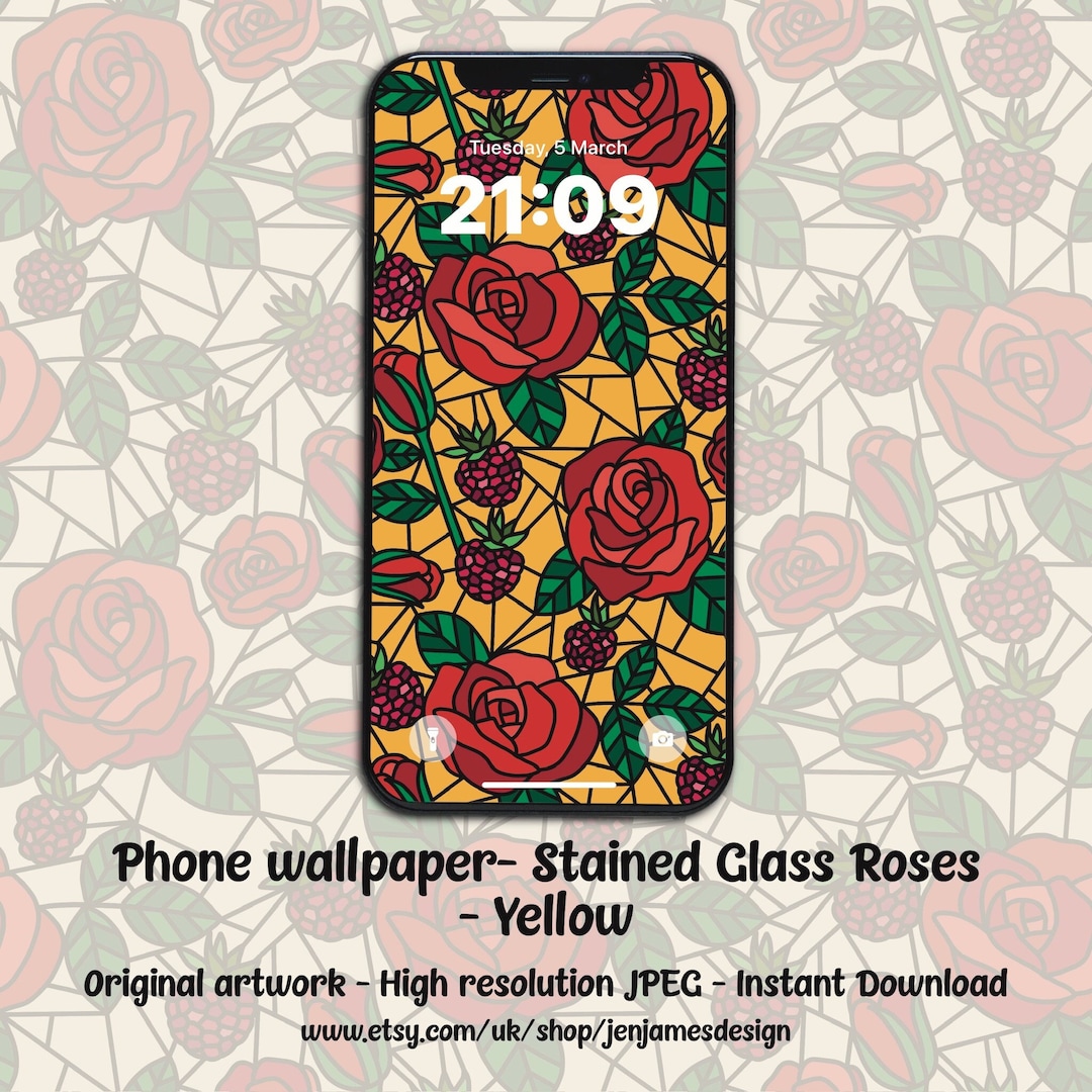 Stained Glass Roses iPhone Wallpaper: Yellow Floral Lock Screen ...