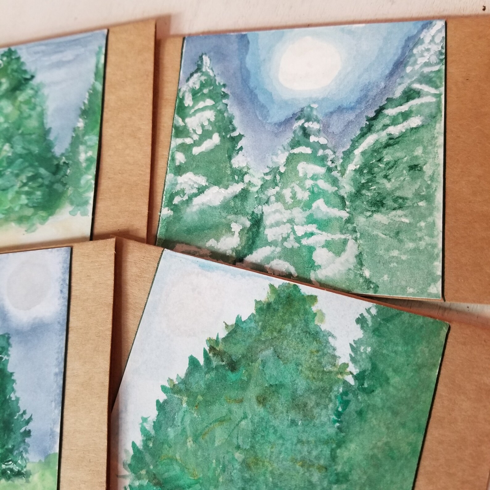 Moon and Evergreen Trees Watercolor Notecards - Etsy