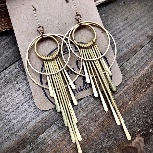 Gold Brass Fringe Hoop Earrings • Statement Earrings