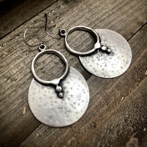 Silver Dangle Earrings • Bohemian Statement Earrings • Silver Disc Earrings • Silver Statement Earrings