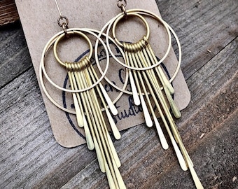 Gold Brass Fringe Hoop Earrings • Statement Earrings