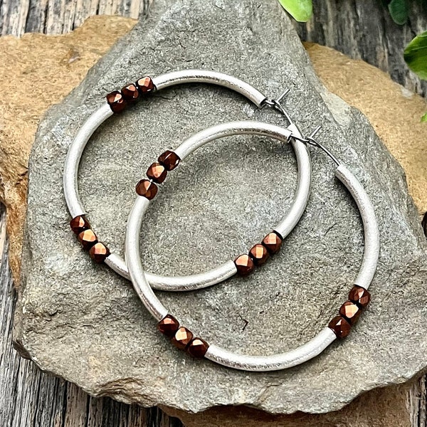 Mixed Metal Hoop Earrings • Silver Copper Large Hoops