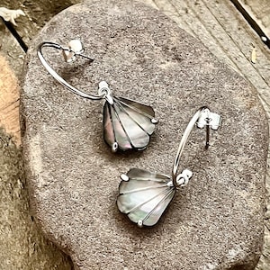 Silver Black Mother of Pearl Shell Hoop Earrings • Silver Hoops Dangles
