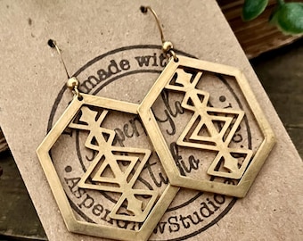 Gold Brass Hexagon Earrings: Geometric Dangle Jewelry