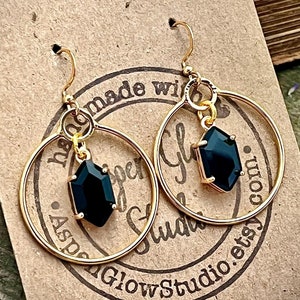 Black Stone Gold Hoop Earrings • Gold Hoops Dangles