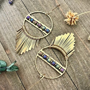 Gold Brass Fringe Hoop Earrings: Metallic Glass Bead Statement Jewelry