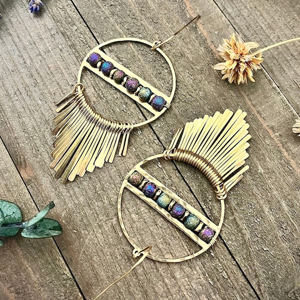 Gold Brass Fringe Hoop Earrings • Statement Fringe Earrings • Gold Statement Earrings