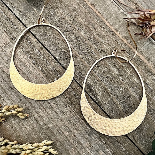 Hammered Hoops • Simple Large Hoop Earrings • Gold Brass Earrings