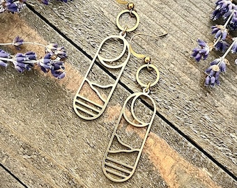 Gold Brass Crescent Moon Landscape Earrings • Lightweight