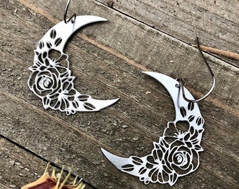 Silver Stainless Steel Floral Crescent Moon Earrings • Lightweight