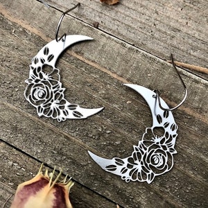 Silver Stainless Steel Floral Crescent Moon Earrings • Lightweight