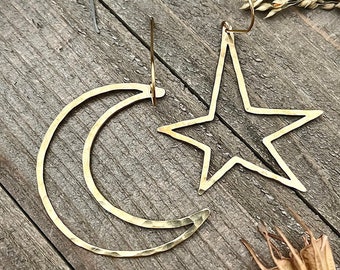 Large Gold Brass Moon & Star Dangles • Statement Earrings • Asymmetric Statement Earrings • Asymmetrical Mismatched Earrings • Lightweight