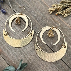 Golden Flower Moon Hammered Earrings • Gold Brass Crescent Hoops • Crescent Moon Earrings • Crescent Moon Earrings