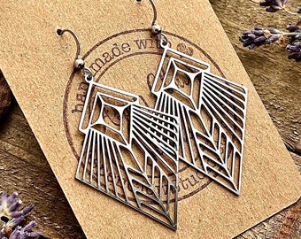 Silver Geometric Earrings • Stainless Steel Art Deco Earrings