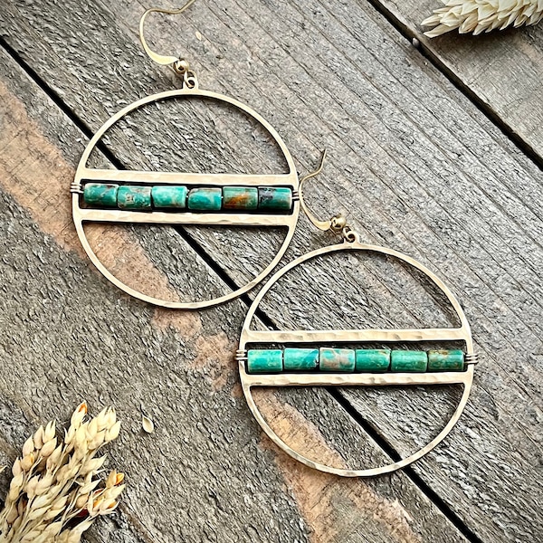 Real Turquoise Gold Brass Earrings • Turquoise Statement Earrings • Large Round Earrings