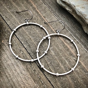 Large Silver Beaded Hoop Earrings • Big Silver Hoops