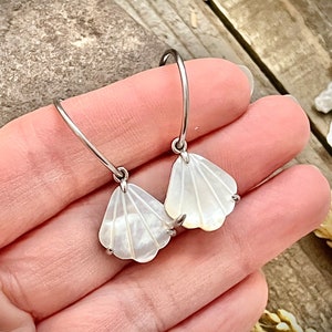 Silver White Mother of Pearl Shell Hoop Earrings