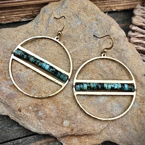 African Turquoise Parallel Hoops  • Hoop Earrings • Gemstone Earrings • Gold Brass Turquoise Earrings