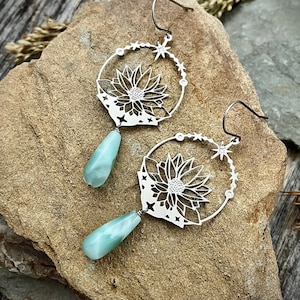 Silver Stainless Steel Floral Crescent Moon Earrings • Lightweight • Green Moonstone / Larimar