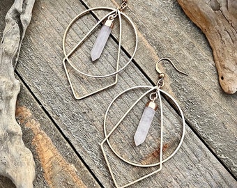 Quartz Crystal Geometric Earrings • Gold Brass Quartz Dangles