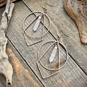 Quartz Crystal Geometric Earrings • Gold Brass Quartz Dangles