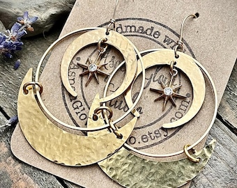 Gold Brass Moon & Stars Earrings: Hammered Crescent Design