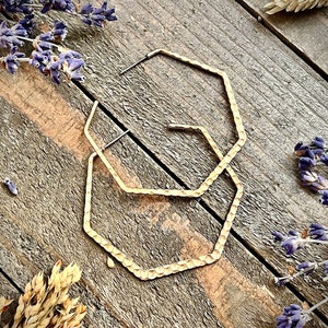 Hammered Hexagon Hoop Earrings • Gold Hex Hoops • Geometric Gold Brass Earrings