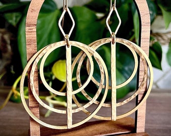 Geometric Hammered Hoops Gold Brass Large Earrings