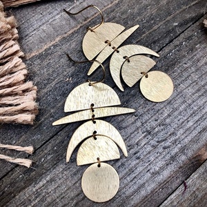 Geometric Moon Brass Dangle Earrings: Statement Jewelry