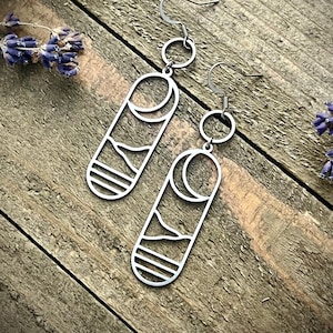 Silver Stainless Steel Crescent Moon Landscape Earrings • Lightweight