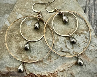 Double Hoop Pyrite Earrings • Gold Brass Hoop Earrings