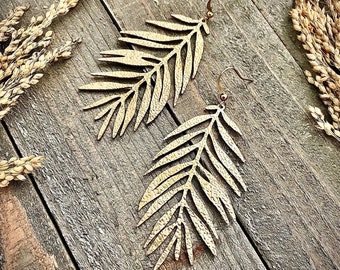 Large Brass Leaf Dangle Earrings: Raw Brass