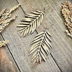Large Gold Brass Leaf Earrings • Big Leaf Dangle Earrings