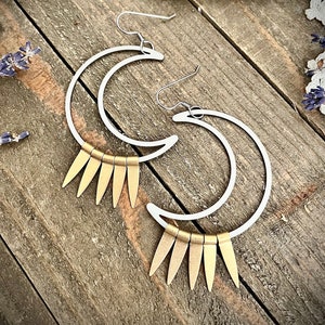 Mixed Metal Crescent Moon Earrings: Gold & Silver Celestial Jewelry
