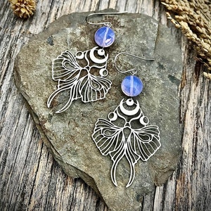 Silver Stainless Steel Opalite Moth Moon Earrings Lightweight