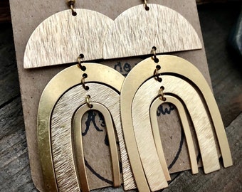 Etched Arch Dangles • Large Gold Brass Dangle Earrings • Large Statement Earrings • Gold Statement Earrings