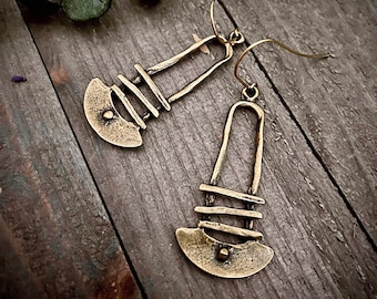 Rustic Bronze Dangle Earrings: Antique Gold Boho Style