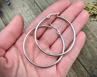 Big Simple Silver Hoop Earrings • Minimalist Silver Hoops • Large Hoops