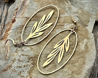 Gold Brass Leaf Oval Earrings • Large Leaf Dangles