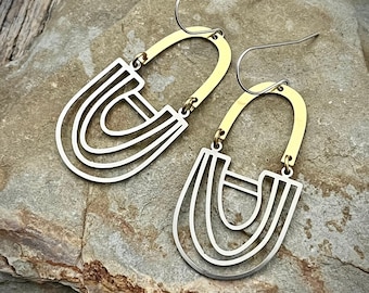 Geometric Arch Earrings • Mixed Metal Statement Earrings • Silver and Gold Geometric  Earrings • Two Toned Earrings