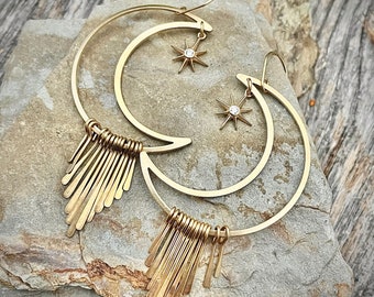 Gold Brass Crescent Fringe Dangle Earrings • Large Moon Earrings