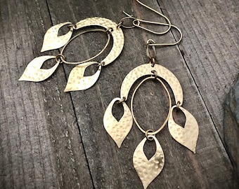 Gold Brass Hammered Dangle Earrings • Lightweight Earrings • Unique Dangle Earrings