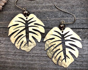 Pyrite Gold Brass Palm Earrings • Large Leaf Dangles • Palm Leaf Earrings